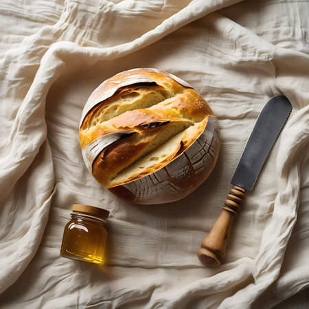 A round loaf of sourdough bread, showcasing its golden crust and deep scoring, is placed on a softly draped, textured fabric. A small glass jar of golden honey and a rustic knife with a wooden handle are arranged nearby. The overhead perspective highlights the textures and inviting appearance of the bread and accompaniments.の素材