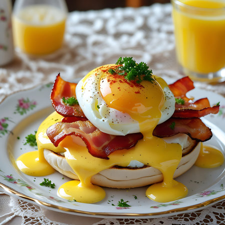 A mouthwatering presentation of Eggs Benedict, artfully arranged on a plate with a charming floral motif. The dish features a toasted English muffin, topped with savory crispy bacon, a perfectly cooked poached egg, and an abundant pour of velvety hollandaise sauce. Garnished with fresh parsley and a sprinkle of paprika, the dish is accompanied by glasses of refreshing orange juice in the background, creating an inviting breakfast or brunch setting.の素材