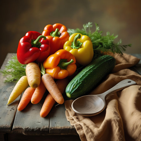 A colorful display of fresh vegetables on a rustic wooden surface. The image showcases red, orange, and yellow bell peppers, carrots, a cucumber, and dill. A wooden spoon rests on a beige cloth, and the scene is lit with natural light, emphasizing the fresh textures and bright hues of the produce.の素材
