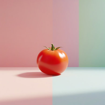 A single, glossy red tomato with a green stem is presented on a light pink surface. The background is divided vertically into a soft pink on the left and a pale, muted green on the right. The lighting accentuates the tomato's roundness and smooth texture.の素材