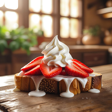 A thick slice of toasted bread is generously topped with a swirl of white whipped cream and several fresh strawberry slices. White cream sauce drips down the sides of the toast, creating an appealing visual. The dessert sits on a rustic wooden surface, with a blurred background suggesting a kitchen or dining area.の素材