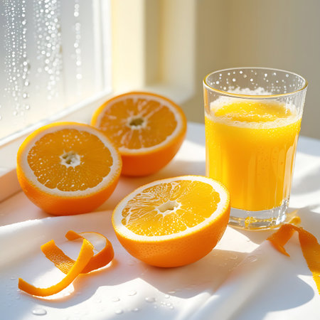This image showcases a glass of vibrant orange juice alongside fresh oranges and their zest. Two halves of an orange are prominently displayed, showcasing their juicy interiors, and a whole orange is visible behind them. Swirls of orange zest add a decorative element. The glass of juice has visible water droplets on its exterior, suggesting it is chilled. The scene is illuminated by bright sunlight, creating a lively and refreshing atmosphere. The background is a soft white surface with...の素材
