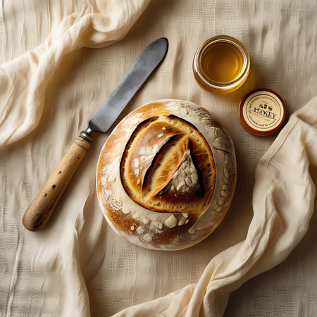A round loaf of sourdough bread with a beautifully scored crust is presented on a textured, light-colored fabric. A small glass jar of golden honey and a rustic knife with a wooden handle are placed alongside the bread. The lighting highlights the textures of the bread and fabric, creating an inviting still life composition.の素材