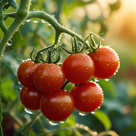 A close-up shot of several ripe cherry tomatoes clustered on a green vine. Each tomato is covered in numerous small water droplets, glistening in the warm, golden light of a sunset. The background is softly blurred with bokeh, showcasing more green foliage and the sun's glow. The image evokes a sense of freshness and natural growth.の素材