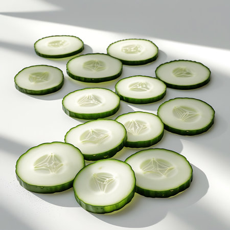 Multiple fresh cucumber slices are scattered across a white surface, with sunlight creating distinct shadows. The circular shape and intricate seed patterns of each slice are clearly visible. The image emphasizes the freshness and natural beauty of the cucumber slices.の素材