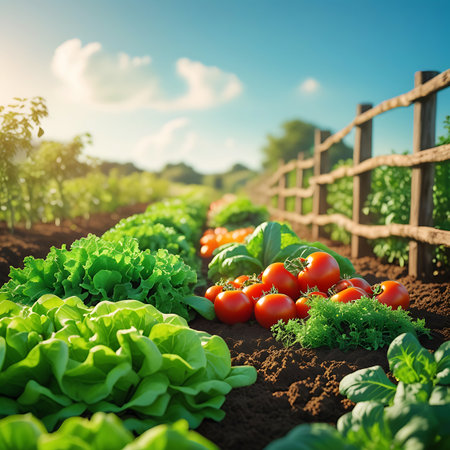 Eating showing rows of fresh lettuce and tomatoes growing in a sunny garden keywords: garden, fresh, vegetables, organic, lettuce, tomatoes, farming, agriculture, healthy eating, summer, produce, nature, growing, food, harvest, green, red, outdoor, cultivation, ripe, homegrown description: a close-up view of rows of vibrant green lettuce and ripe red tomatoes growing in dark soil under a bright blue sky with fluffy clouds. a rustic wooden fence runs along the right side of the frame,...の素材