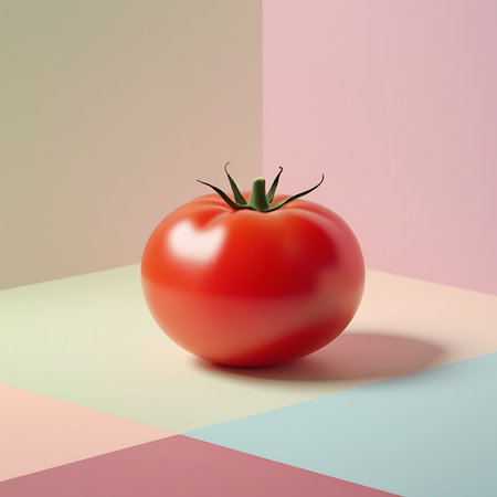 A single, ripe red tomato with a green stem is placed on a surface divided into geometric pastel shapes. The surface is a light cream color in the foreground, with sections of pale pink, light green, and a hint of light blue visible. The background is a soft, muted pink.の素材