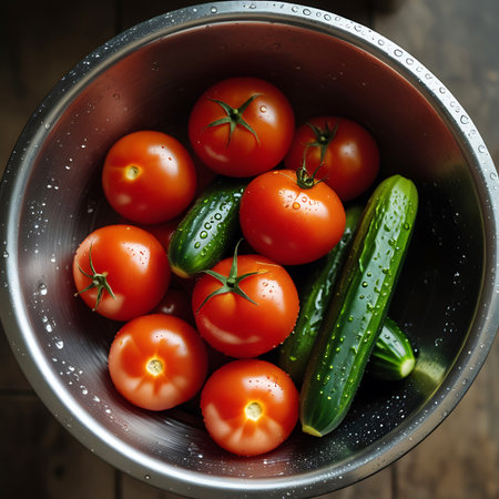 An overhead shot of a stainless steel bowl containing a collection of ripe red tomatoes and crisp green cucumbers. Small water droplets are visible on the surfaces of the vegetables, suggesting they are freshly washed. The arrangement of the produce within the bowl is natural and appealing, highlighting their freshness and readiness for use in salads or other dishes.の素材