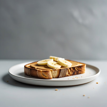 A single slice of toasted bread sits on a white plate, topped with a thick layer of smooth peanut butter. Two slices of ripe banana are arranged on the peanut butter. The toast is golden brown with a slightly crisp crust. The image is set against a neutral grey background.の素材