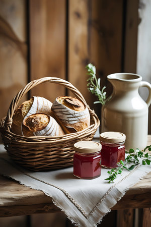A rustic still life scene featuring a wicker basket filled with several loaves of artisan bread, characterized by their scored crusts. Two glass jars containing a deep red jam or jelly, each with a wooden lid, are placed in front of the basket. A cream-colored ceramic pitcher stands to the right, and a sprig of green leaves adds a decorative touch to the composition on a wooden table.の素材
