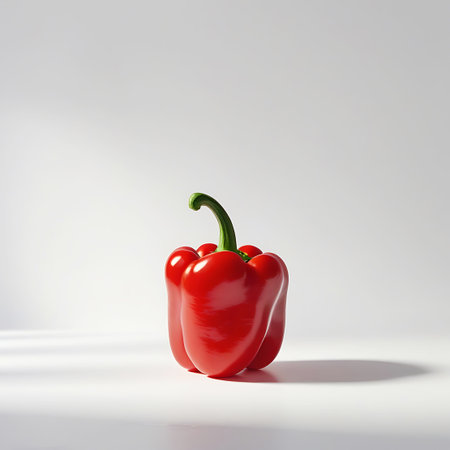 A single, glossy red bell pepper with a vibrant green stem stands upright on a clean white surface. The pepper has a smooth, curved shape with distinct lobes. Dramatic shadows are cast to the right, suggesting a strong light source from the left. The background is a soft, gradient white, creating a minimalist and clean aesthetic.の素材