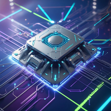 A close-up, dynamic shot of a futuristic, sci-fi inspired processor situated on a complex circuit board. The processor itself is metallic with a central glowing blue element, surrounded by radiating blue and green neon light lines that extend across the motherboard. The overall impression is one of advanced computing and high-tech energy.の素材