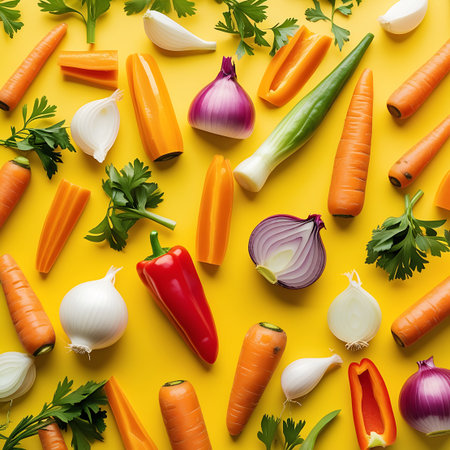 A dynamic arrangement of fresh vegetables and herbs scattered across a bright yellow background. The image includes whole and sliced carrots, various types of onions, red bell peppers, and sprigs of parsley, creating a lively and appetizing visual.の素材