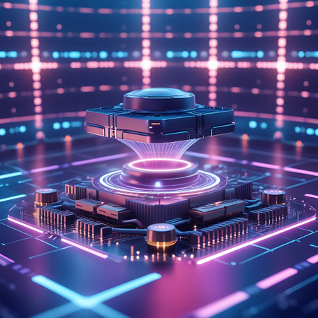 A complex, futuristic processor unit hovers above a glowing circular platform, emitting a vibrant pink holographic energy beam. The processor is surrounded by detailed circuit board elements and illuminated by neon blue and pink lights. The background is a blurred grid of vertical and horizontal light lines, suggesting a digital or technological environment.の素材