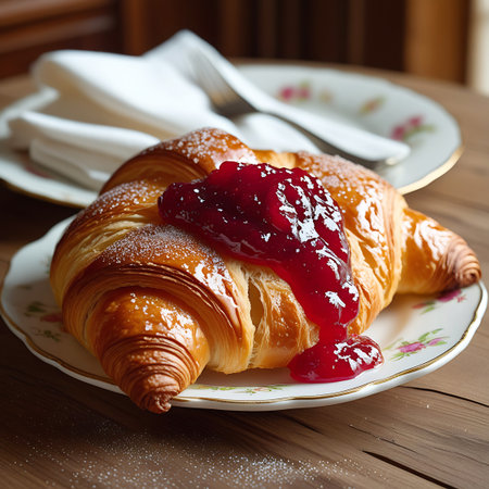 A single, perfectly baked croissant, dusted with powdered sugar and generously topped with ruby-red raspberry jam, rests on a delicate white plate adorned with a floral pattern. The pastry has a rich golden-brown hue and a flaky texture. The image is captured in a close-up view on a wooden surface.の素材