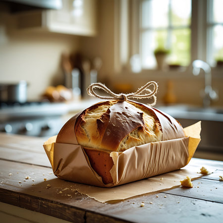 A golden-brown loaf of bread with a crusty top is presented on a wooden surface. The bread is partially wrapped in crinkled brown paper, secured with a simple twine bow. Small bread crumbs are scattered around the loaf, suggesting it has just been baked or sliced. The background is softly blurred, showing a kitchen setting with windows and countertops, creating a warm and inviting atmosphere.の素材