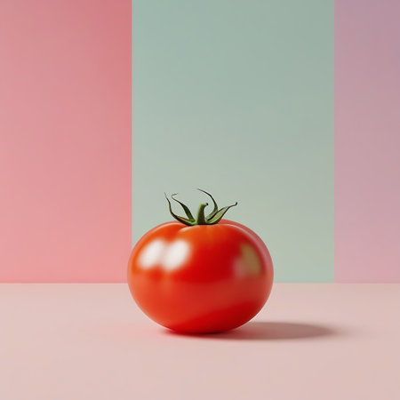 A single, vibrant red tomato with a green stem sits centered on a light pink surface. Behind it, the background is divided vertically into a soft pink on the left and a muted teal on the right. The lighting creates subtle highlights on the tomato's smooth skin and a soft shadow beneath it.の素材