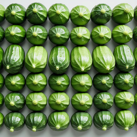 A close-up, overhead view of many small, round green cucumbers neatly arranged in horizontal rows. Each cucumber has a slightly ribbed texture and a distinct blossom end. Many are adorned with glistening water droplets, highlighting their freshness. The uniform arrangement and vibrant green color create a striking visual.の素材