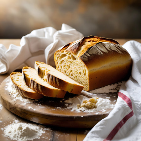 Suggesting showing sliced artisan bread with flour and white cloth on wooden surface keywords: bread, loaf, sliced, artisan, bakery, baking, food, rustic, wooden board, flour, kitchen, homemade, crusty, dough, yeast, grain, carbohydrate, breakfast, sandwich, meal, delicious description: a rustic wooden board displays a sliced loaf of artisan bread, its golden crust contrasting with the soft, porous crumb. flour is scattered around the bread, and a white cloth with a red stripe is visible....の素材