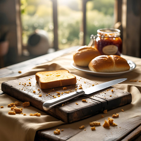 Atmosphere. showing single slice of golden toast and bread rolls with jam jar keywords: toast, bread, breakfast, cutting board, knife, jam, jar, rolls, table, linen, window, light, morning, food, spread, sweet, baked, rustic, kitchen, still life, meal, golden description: a single slice of golden toast sits on a wooden cutting board with a knife. in the background, bread rolls and a jar of jam are arranged on a table covered with a linen cloth. natural light streams in from a window,...の素材