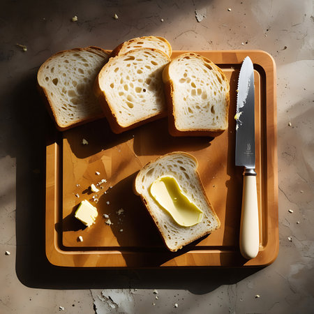 A close-up, overhead view of sliced bread on a wooden cutting board. One slice is topped with a generous spread of butter, and a butter knife lies nearby. Small crumbs are scattered on the board and the surrounding surface, illuminated by natural light that creates dramatic shadows.の素材