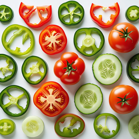 A vibrant overhead view showcases a variety of sliced fresh vegetables arranged on a white background. Slices of red tomato, green jalapeno pepper, and green cucumber are interspersed, creating a colorful and geometric pattern. Whole tomatoes and cucumbers are also visible, adding to the fresh produce display.の素材