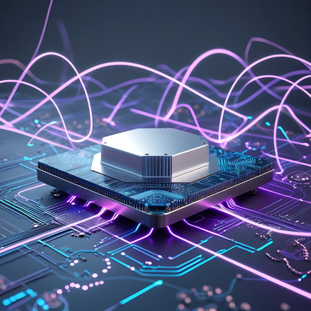 A sleek, silver hexagonal processor is mounted on a complex circuit board. The board is illuminated with vibrant purple and blue neon lights, highlighting the intricate traces and components. Flowing, wavy lines of pink and blue light weave through the scene, conveying a sense of advanced technology and data movement.の素材