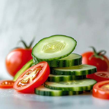 Slices of fresh cucumber are neatly stacked, with one slice resting on top of the pile. A halved tomato sits to the left of the stack, and whole tomatoes and more tomato slices are visible in the softly blurred background. The image has a shallow depth of field, focusing attention on the vegetables.の素材