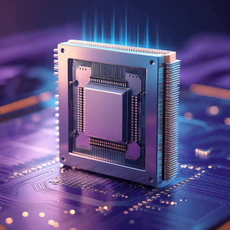 A square-shaped microchip with a polished metallic surface is the focal point of this image. It sits on a detailed purple circuit board, with subtle orange light accents in the background. Thin blue light emanates from the top edges of the microchip, suggesting active processing or data transmission.の素材