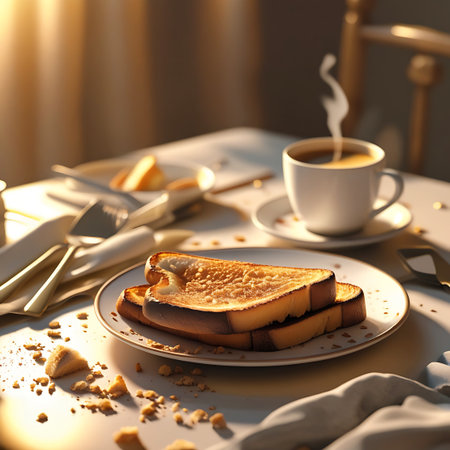 This image captures a warm morning breakfast setting. A stack of three golden-brown toasted bread slices is presented on a white plate. Beside the plate, a white cup of coffee emits a gentle plume of steam, indicating it is hot. The scene is illuminated by soft, golden sunlight, casting a warm glow on the table, which is lightly scattered with toast crumbs. Utensils and a napkin are neatly placed, adding to the inviting atmosphere.の素材