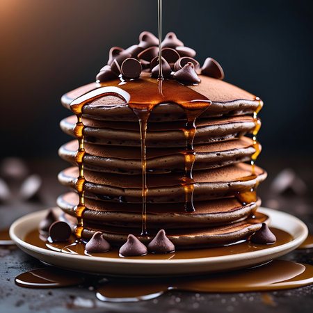 A tall stack of chocolate pancakes is generously drizzled with golden syrup, which drips down the sides. Chocolate chips are scattered on top and around the base of the stack. The image is shot with a shallow depth of field, with a dark, blurred background.の素材