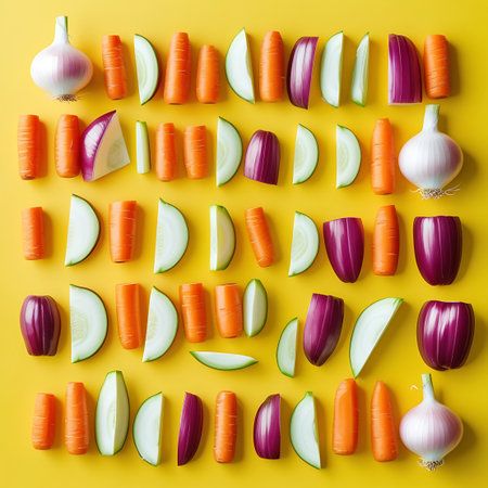 An overhead view of various vegetables meticulously arranged in rows on a vibrant yellow surface. The composition includes sliced carrots, white and purple onions, and segments of bell peppers, showcasing a neat and organized pattern of fresh produce.の素材