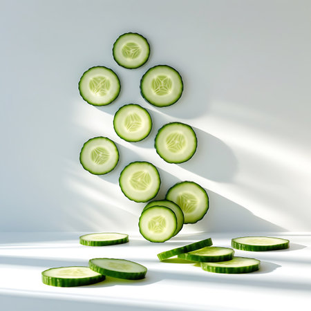 Numerous sliced cucumber rounds are artfully arranged on a white surface, with some slices lying flat and others stacked. Dramatic shadows are cast by overhead lighting, adding depth and visual interest to the composition. The crisp green edges and intricate seed patterns within the slices are prominent.の素材
