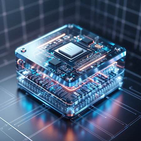 Blurred showing stacked transparent microchips with glowing blue and orange circuits keywords: microchip, processor, circuit board, technology, futuristic, digital, data, computing, innovation, glowing, blue, orange, abstract, electronic, hardware, network, intelligence, modern, concept, stacked, layers description: a transparent, cube-shaped microchip composed of multiple stacked layers, each revealing intricate circuitry. the internal components and pathways glow with vibrant blue and...の素材