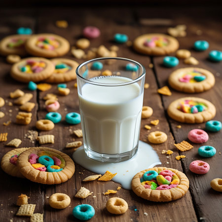Wood showing spilled milk and colorful cereal rings with cookies on wood keywords: milk, cookies, cereal, breakfast, snack, sweet, dessert, food, beverage, dairy, crunchy, round, colorful, wooden, rustic, treat, delicious, morning, refreshment, baked, sweet treat, spill, puddle, scattered, tabletop, messy, fun description: a glass of milk has spilled onto a rustic wooden table, creating a milky puddle. around the spill and scattered across the table are various cookies and brightly colored...の素材