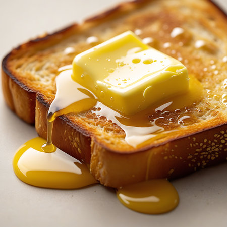 A close-up shot features a square of bright yellow butter placed on a slice of toasted bread. The butter is actively melting, with liquid gold pooling and dripping down the sides of the toast. The toast itself is golden brown and appears crispy, with a textured surface. The image highlights the rich, indulgent nature of this classic breakfast item.の素材