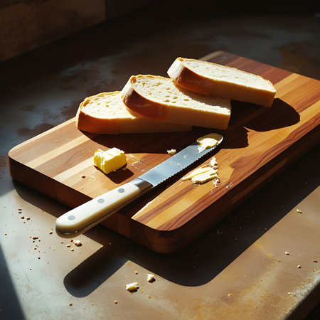Slices of white bread are arranged on a wooden cutting board. A butter knife with a white handle is positioned on the board, with a small cube of butter and some spread butter. Sunlight casts shadows across the scene, highlighting the texture of the wood and the bread.の素材