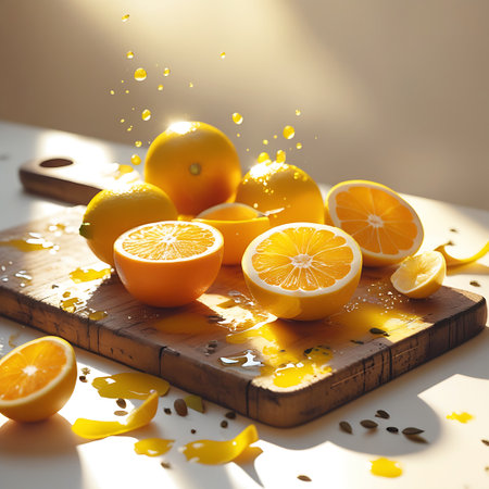 This image captures sliced oranges and lemons on a wooden cutting board, with a dynamic splash of yellow juice frozen in motion. Droplets of juice are scattered across the board and in the air, creating a sense of freshness and vitality. Sunlight streams in, adding a warm glow to the scene.の素材