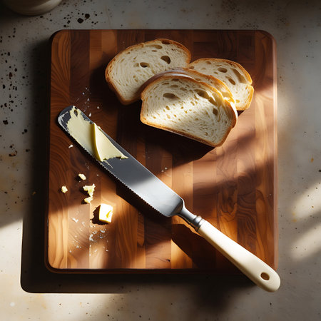 Slices of crusty bread are arranged on a wooden cutting board, with a butter knife holding a dollop of butter. Scattered crumbs and a small pat of butter add to the scene. The lighting creates strong shadows, highlighting the textures of the bread and wood.の素材