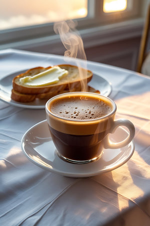 A close-up shot of a steaming cup of dark coffee with a rich crema, placed on a white saucer. Next to it, on a white plate, are slices of toasted bread generously spread with butter. The scene is bathed in warm morning sunlight filtering through a window, creating dramatic shadows and highlighting the steam rising from the coffee.の素材