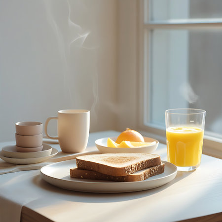 A warm breakfast scene with a steaming coffee cup on the left, next to a stack of smaller cups. A plate with two slices of toast is in the foreground. To the right, a glass of orange juice and a small bowl with orange slices are visible. Sunlight illuminates the room from a window.の素材