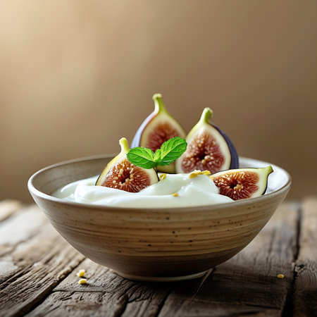 A close-up shot features a rustic ceramic bowl filled with thick, creamy yogurt. Sliced fresh figs, showcasing their vibrant red interior and seeds, are artfully arranged on top. A sprig of fresh mint and a few scattered seeds add a touch of garnish. The bowl rests on a weathered wooden surface, with a softly blurred background.の素材