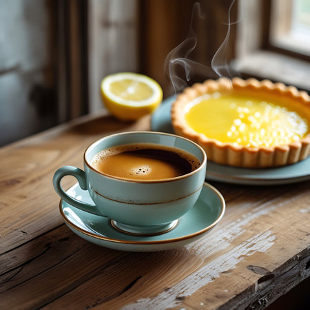 A close-up shot of a light blue coffee cup filled with dark, steaming coffee sits on its matching saucer. The coffee has a rich crema on top. To the right, a golden lemon tart with a fluted crust is visible, and a halved lemon rests behind the cup. The scene is set on a weathered, rustic wooden table, with soft light filtering in from the side.の素材