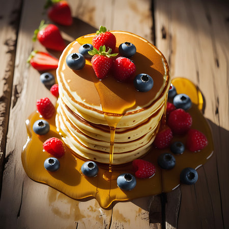 A generous stack of golden pancakes is piled high and adorned with an abundance of fresh strawberries, blueberries, and raspberries. Golden syrup is liberally drizzled over the entire stack, creating a rich, flowing cascade that pools around the base on a rustic wooden surface. Some berries are scattered around the base.の素材