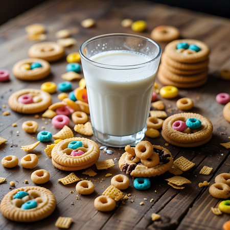Sweet showing stacked cookies and cereal rings with milk on a wooden table keywords: milk, cookies, cereal, breakfast, snack, sweet, dessert, food, beverage, dairy, crunchy, round, colorful, wooden, rustic, treat, delicious, morning, refreshment, baked, sweet treat, stack, scattered, tabletop description: a glass of milk is centrally placed on a dark wooden table, adorned with a variety of cookies and scattered colorful cereal rings. some cookies are stacked neatly, while others are spread...の素材