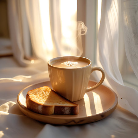 A close-up shot of a light-colored mug filled with steaming coffee sits on a round wooden plate. Next to the mug is a triangular slice of golden-brown toasted bread. Soft sunlight streams in from a window, casting long shadows and illuminating the steam rising from the coffee. The background features sheer white curtains.の素材