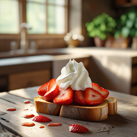 This image features two slices of toast generously topped with whipped cream and fresh strawberry slices. A sweet red syrup is artfully drizzled around the toast and on the textured wooden surface. The background is softly blurred, hinting at a cozy kitchen environment with natural light.の素材