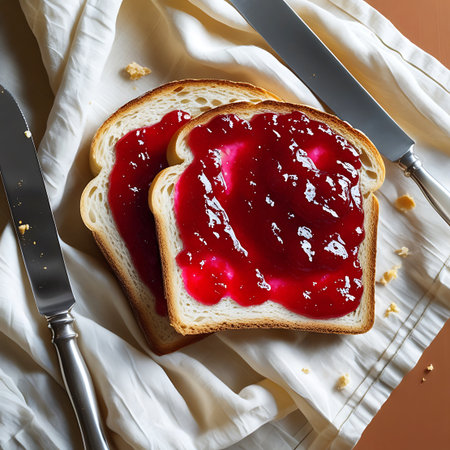 Generous showing two slices of bread with red jam and two knives keywords: bread, toast, jam, jelly, fruit spread, breakfast, food, sweet, spread, red jam, two slices, knives, white cloth, crumbs, top view, close up, delicious, homemade, spreadable, fruit preserve, morning meal, pair of slices description: two slices of white bread, each covered with a generous amount of red jam, are arranged on a white cloth. two silver knives are placed on either side of the bread slices. small crumbs are...の素材
