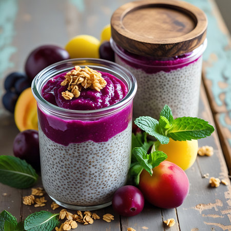 Two glass jars of layered chia seed pudding are arranged on a rustic wooden surface. The pudding features a white chia seed base and a bright purple fruit puree layer. Both jars are topped with granola. Fresh fruits like plums, peaches, and raspberries are scattered around the jars, along with mint leaves and granola pieces. One jar has a wooden lid.の素材