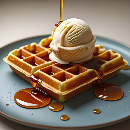A scoop of vanilla ice cream is placed on a golden waffle, with caramel syrup being poured over it. The syrup flows down the sides of the ice cream and onto the waffle, creating glistening pools on the plate. The waffle has a textured grid pattern, and the ice cream appears smooth and creamy.の素材